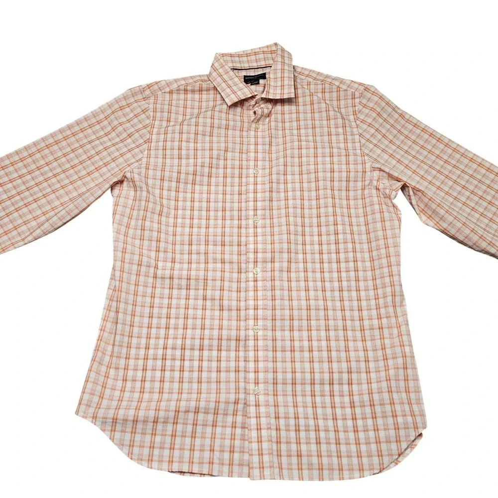 Banana Republic Dress Shirt‎ Large Long Sleeve Slim Fit Non Iron Orange Plaid